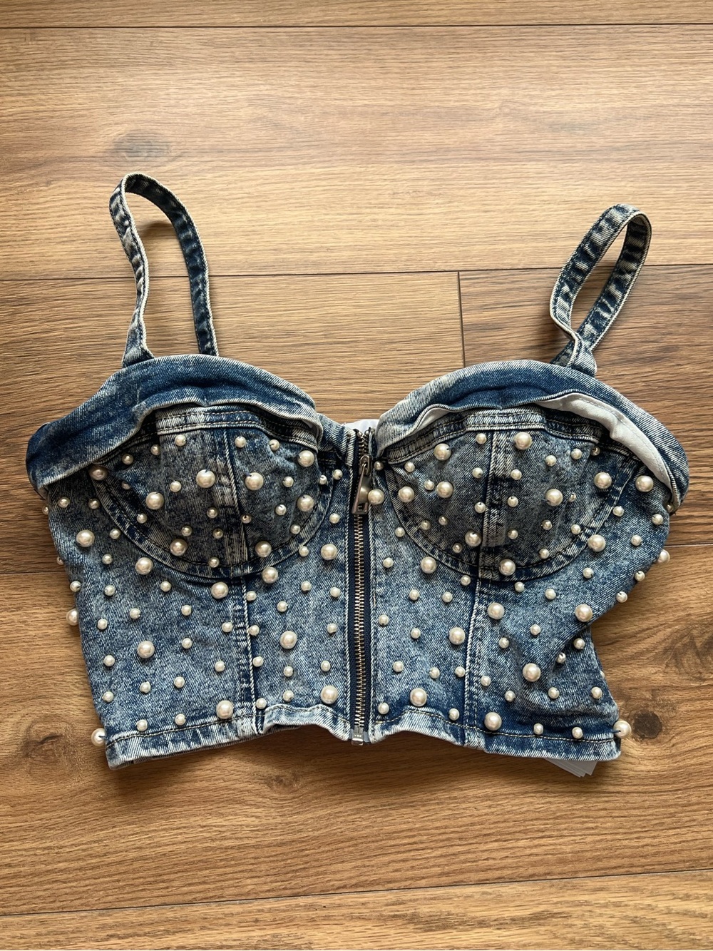 Guess Denim Bustier Top Womens Medium Blue Excellent Pearl Embellished Y2K